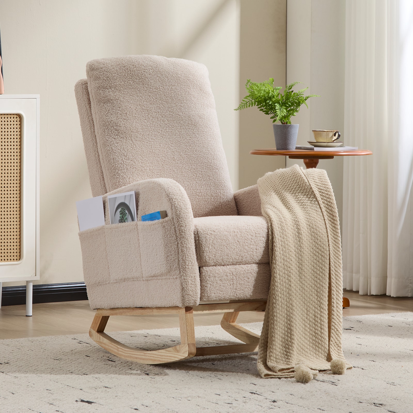 Modern Accent Rocking Chair Rocking Chair With Solid Wood Legs, Upholstered Nursery Glider Rocker, Comfy Armchair With Side Pocket, Living Room Lounge Arm Chair With High Backrest (Beige,teddy)_voghion.com